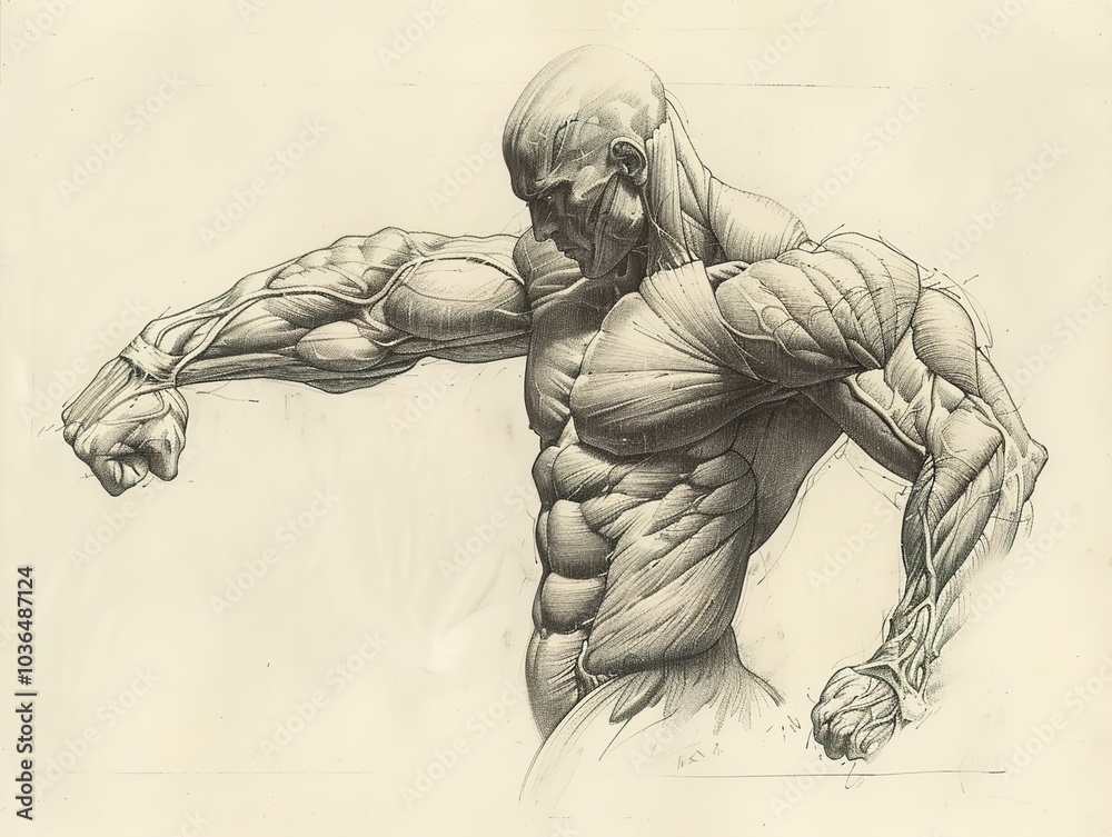 Fototapeta premium Detailed Anatomy Drawing of a Muscular Human Figure