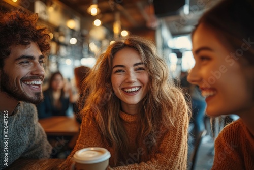 Happy young friends meeting in a coffee shop, Generative AI