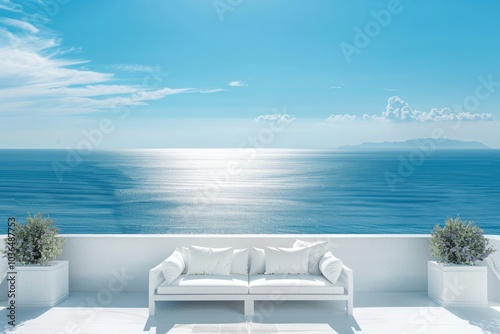 Island blue sea view with white decorataion relax place with bluesky and sun lighting. photo