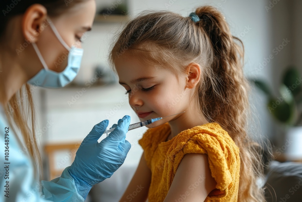 Kid receiving covid vaccine at home, Generative AI