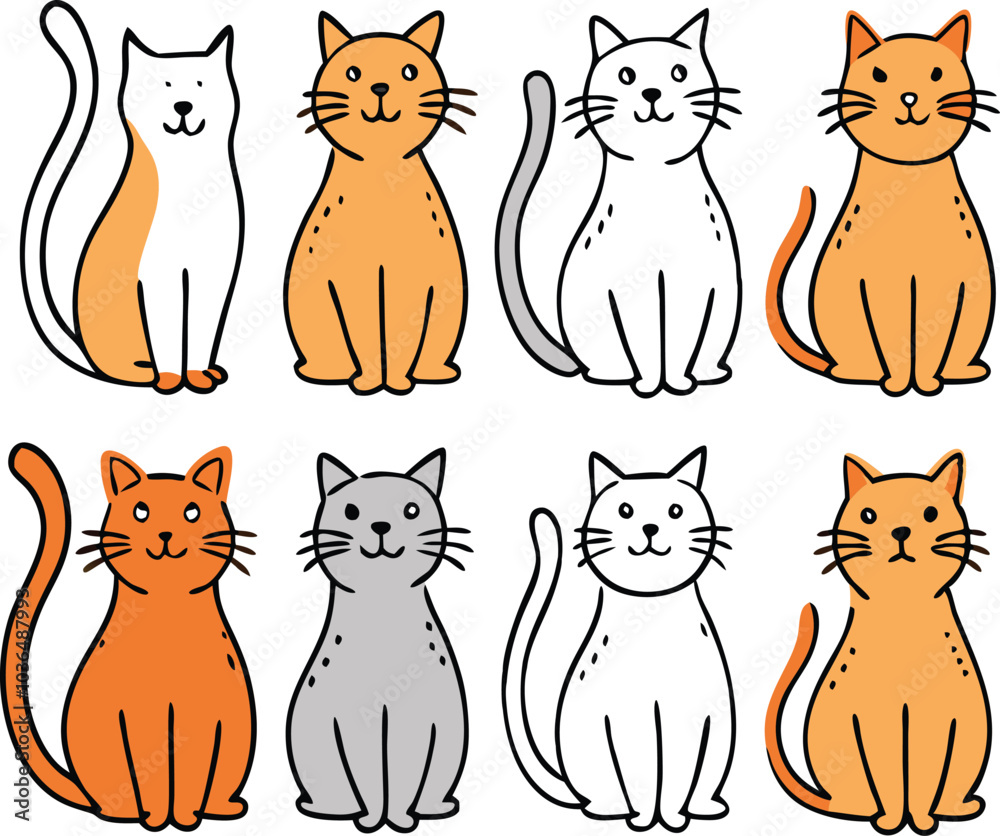Fototapeta premium Cute Cartoon Cats Set White Orange Gray