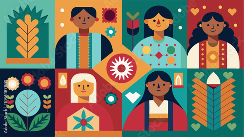 Local artists and craftsmen came together to create a unique and intricate quilt incorporating various mediums such as embroidery beadwork and weaving.. Vector illustration