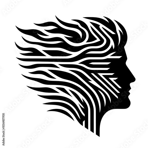 abstract human profile with dynamic flame-like hair strands in monochrome - modern artistic silhouette for creative design, logos, and decals, photo