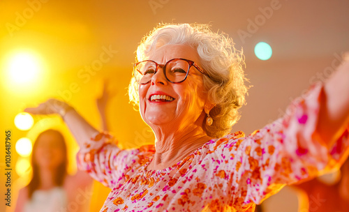 Joyful Senior Woman Dancing: A radiant senior woman with grey hair, wearing glasses and a pink floral blouse, dances with joy and exuberance at a party or event. photo