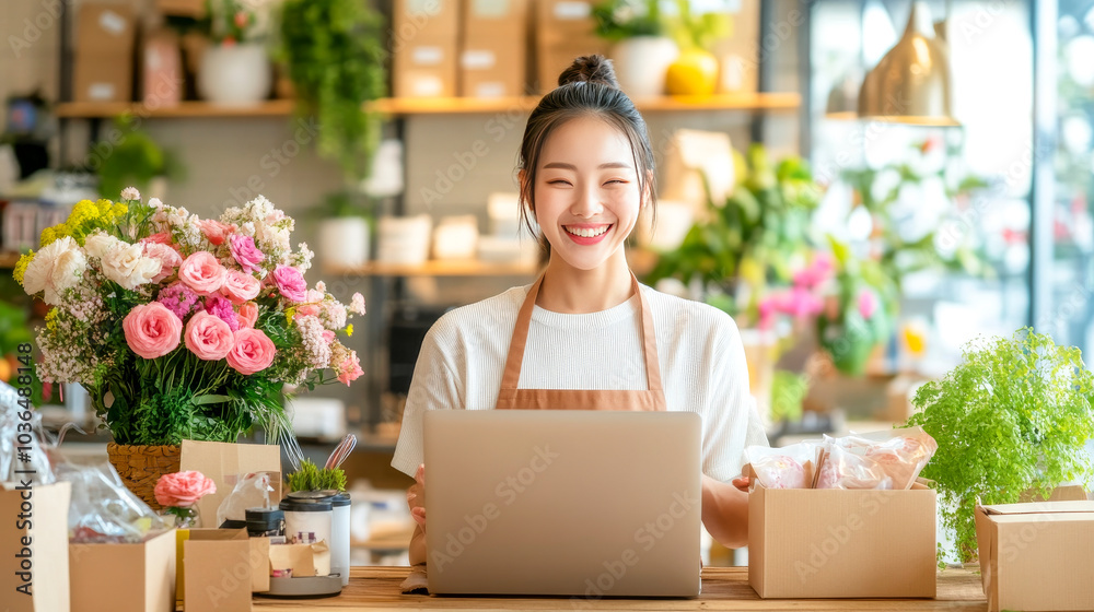 Smiling Florist with Laptop: A cheerful young woman in a flower shop uses a laptop to manage her business, surrounded by beautiful floral arrangements. Smiling Florist with Laptop: A cheerful young woman in a flower shop uses a laptop to manage her business, surrounded by beautiful floral arrangements.