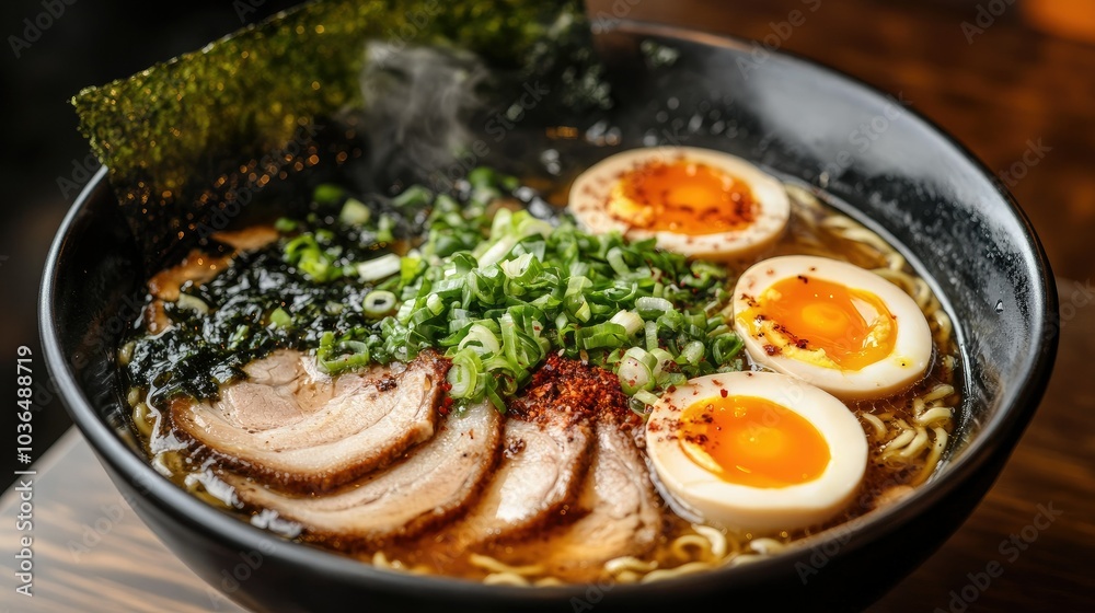 A steaming bowl of ramen with soft-boiled eggs, seaweed, and sliced pork, topped with green onions and chili oil. A steaming bowl of ramen with soft-boiled eggs, seaweed, and sliced pork, topped with green onions and chili oil.