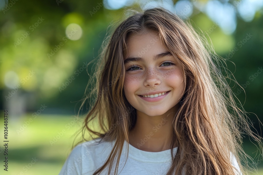 Cheerful teenage girl smiling at the camera in an urban park, Generative AI Cheerful teenage girl smiling at the camera in an urban park, Generative AI