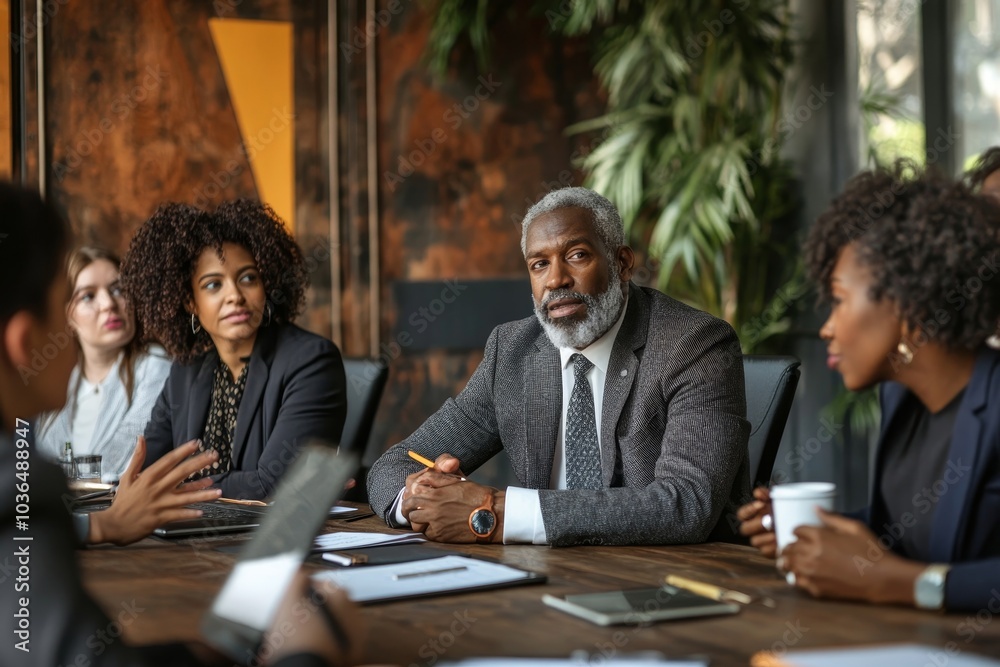 Diverse business team holding a meeting in an office, Generative AI
