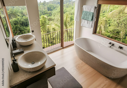 Spacious Bathroom with Scenic View from Above