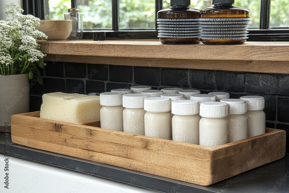 Fototapeta premium A wooden box with various white bottles and a soap. The image is perfect for depicting a minimalist and organized bathroom or kitchen.