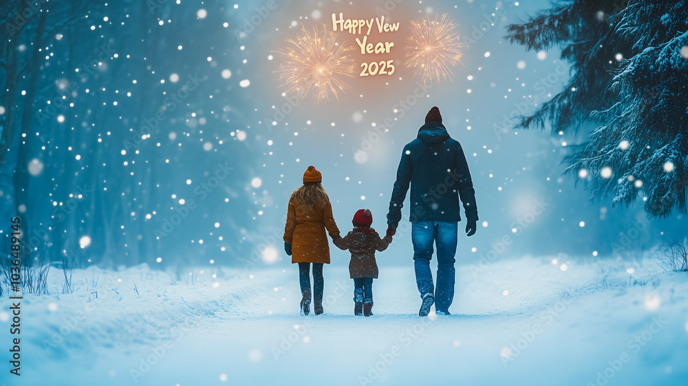 A family of three is walking through the snow on a winter day. The image is titled A family of three is walking through the snow on a winter day. The image is titled