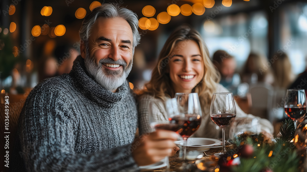 A man and woman are sitting at a table with wine glasses and a bottle of wine. They are smiling and seem to be enjoying their time together A man and woman are sitting at a table with wine glasses and a bottle of wine. They are smiling and seem to be enjoying their time together