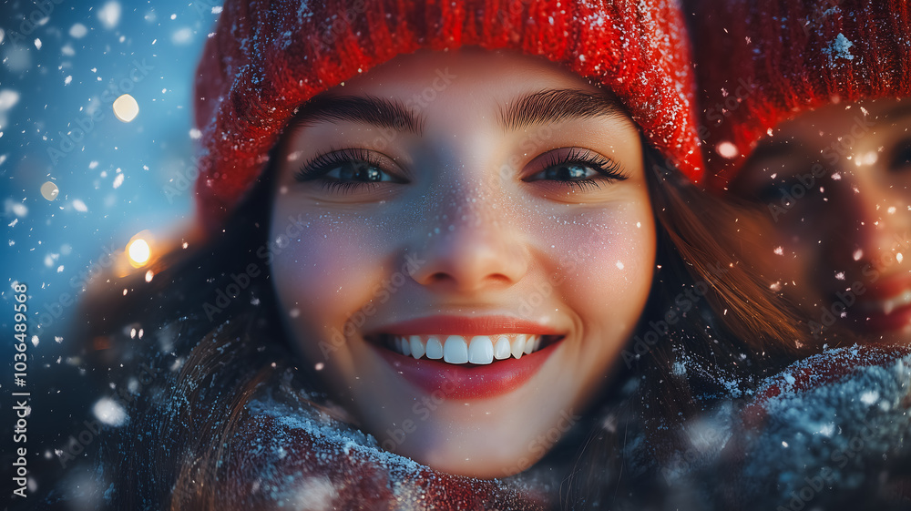 A woman wearing a red hat and smiling. The hat is covered in snow. The woman's face is the main focus of the image A woman wearing a red hat and smiling. The hat is covered in snow. The woman's face is the main focus of the image