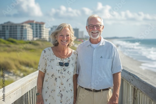 Loving senior couple taking a walk along a bridge at the beach, Generative AI