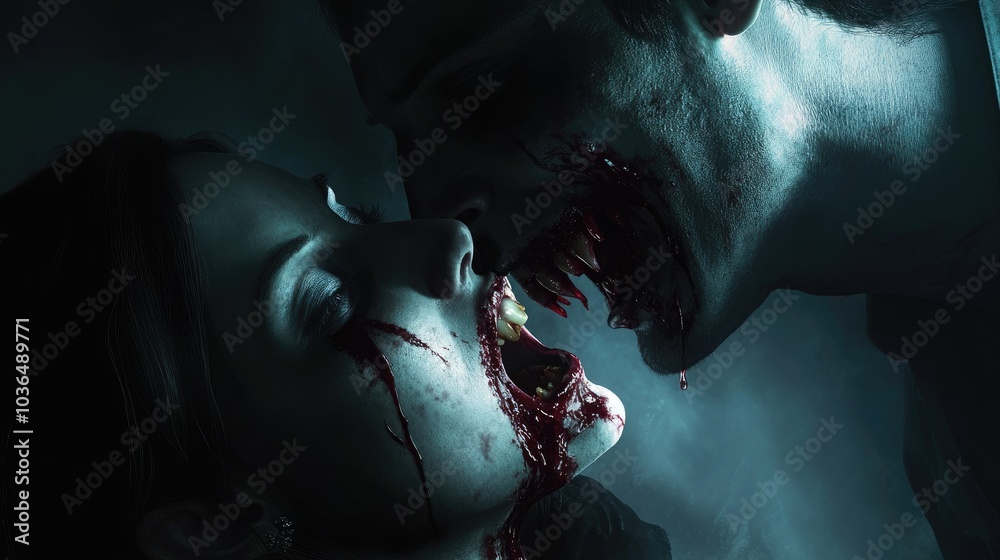 Vampire Bitign Neck A vampire biting into a victim's neck, with dramatic lighting ...