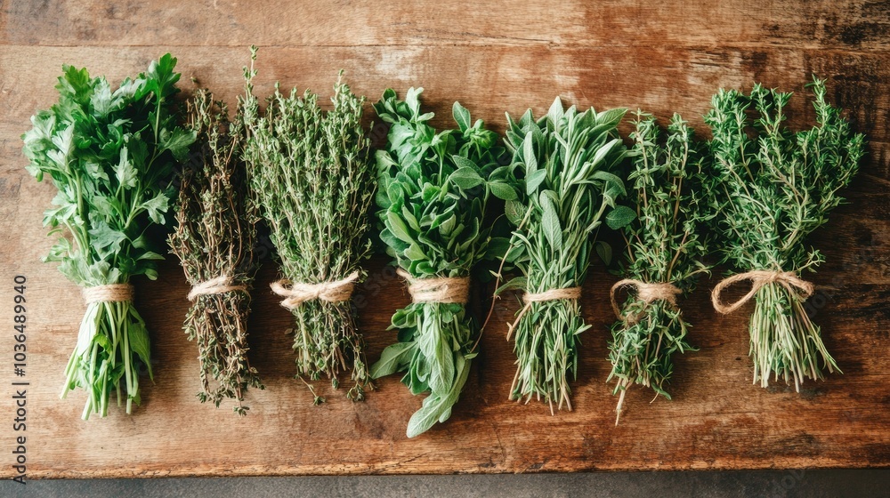 A variety of fresh herbs, including thyme, rosemary, and parsley, tied together with string on a rustic kitchen counter. A variety of fresh herbs, including thyme, rosemary, and parsley, tied together with string on a rustic kitchen counter.