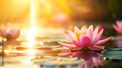 Pink water lily flower blooming in a pond at sunset.