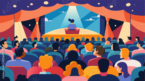 The community theater space is packed to the brim with eager audience members all eager to support their friends and neighbors in their theatrical endeavors.. Vector illustration