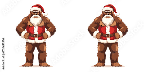 Two cartoonish yetis in Santa outfits pose cheerfully with red and white attire, celebrating a festive holiday theme.