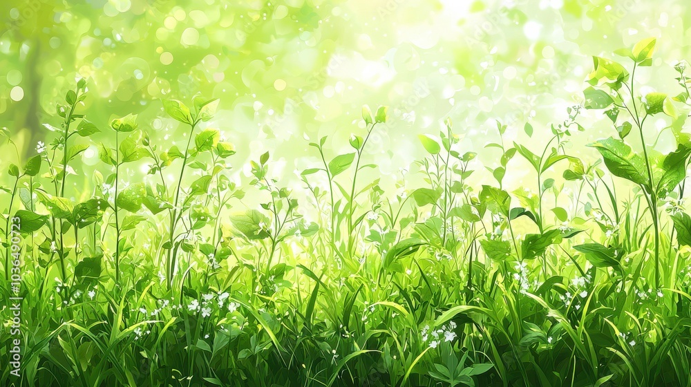 Lush green foliage growing in a sunlit meadow with sparkling bokeh effects, showcasing nature's beauty in a tranquil moment Lush green foliage growing in a sunlit meadow with sparkling bokeh effects, showcasing nature's beauty in a tranquil moment