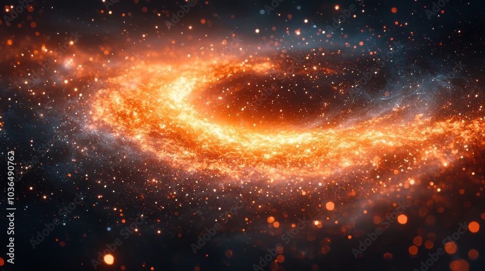 Obraz premium Spiral galaxy illuminated by vibrant orange and yellow gases against a dark cosmic background