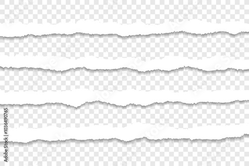 Realistic horizontal torn paper strips on transparent background