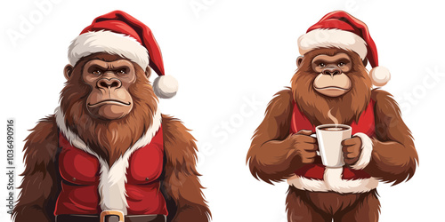 Two cartoon gorillas dressed in festive Santa outfits, one with a serious expression and the other happily holding a mug.