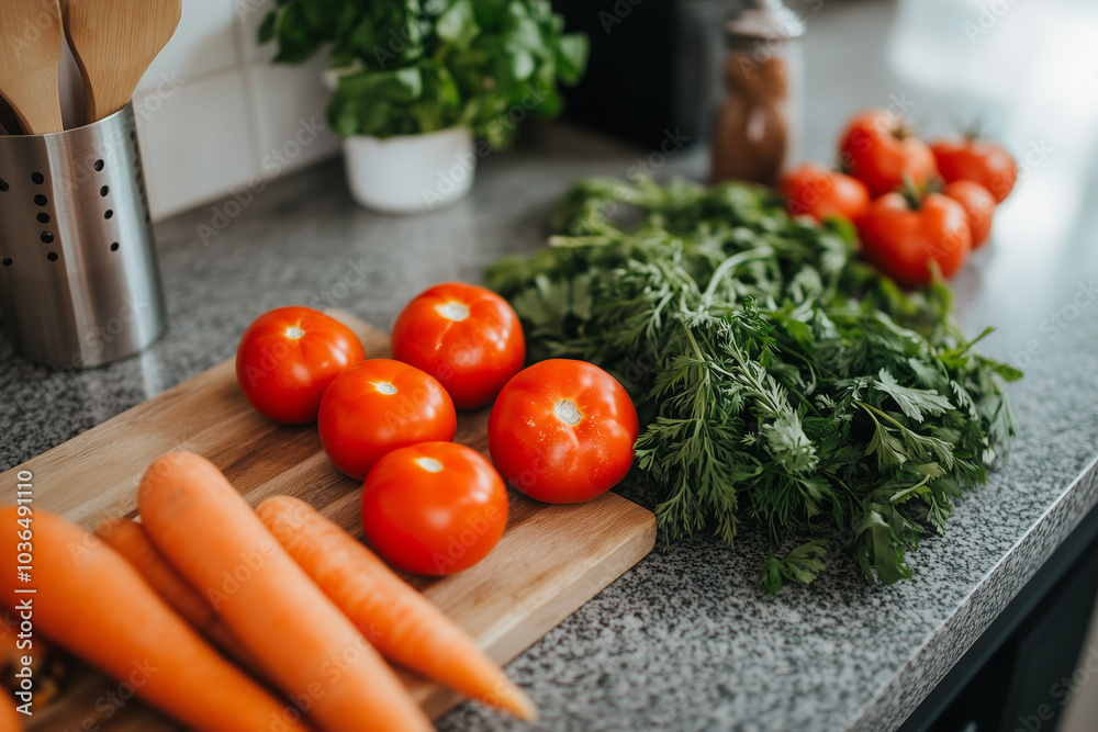 Fresh tomatoes and carrots prepared on a kitchen counter Fresh tomatoes and carrots prepared on a kitchen counter