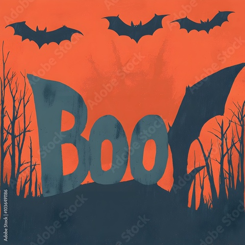 Spooky Halloween scene with bats and 