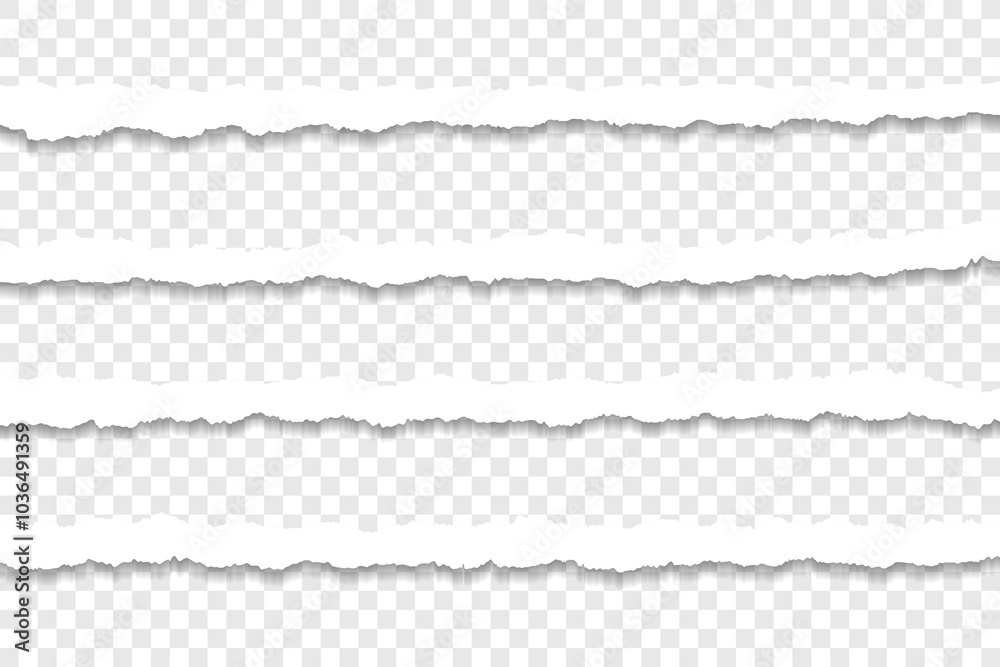 Realistic horizontal torn paper strips on transparent background