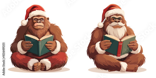 Two festive, cartoonish Bigfoot characters wearing Santa hats, reading books, enjoying a cozy holiday vibe.