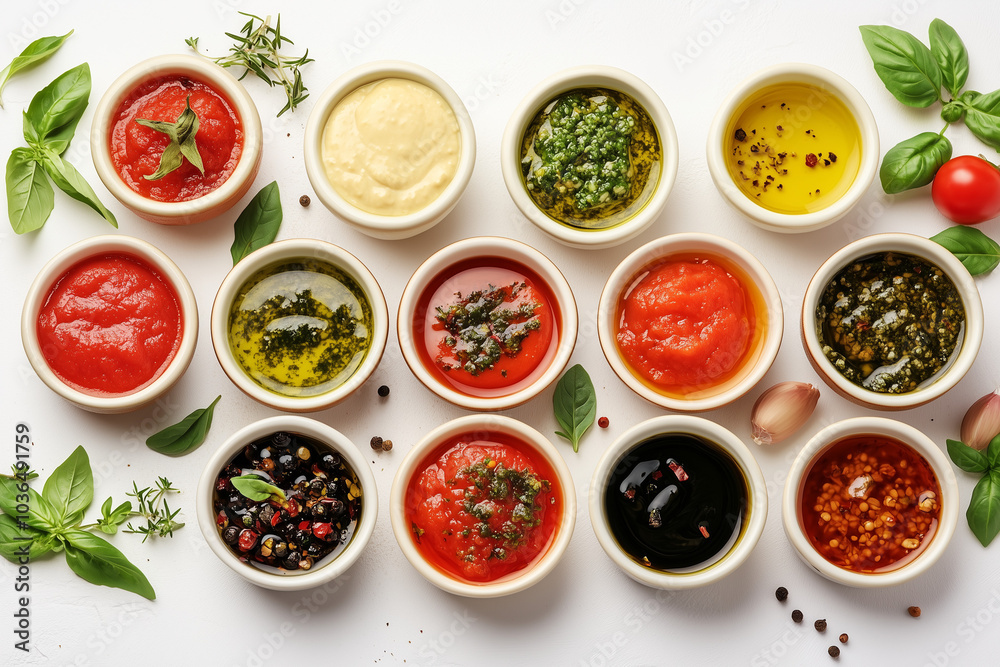 Various dips and sauces in bowls for serving. Various dips and sauces in bowls for serving.