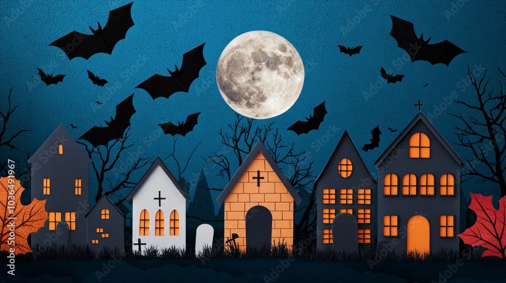 Fototapeta premium Spooky Halloween scene with haunted houses, bats, and a full moon against a dark, atmospheric background.