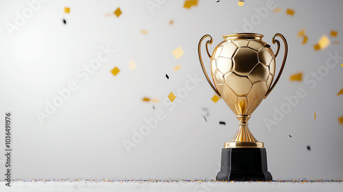 Golden trophy with soccer ball design, isolated on white background with confetti scattered around.