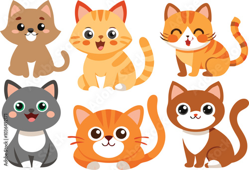 Six Adorable Cartoon Cats With Different Colors