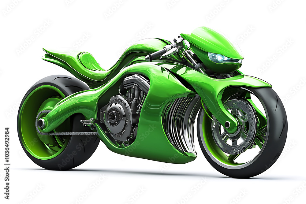A sleek, futuristic green motorcycle with an aerodynamic design and unique features. A sleek, futuristic green motorcycle with an aerodynamic design and unique features.