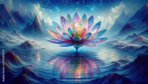 A lotus flower in a surreal fantasy setting, with its petals made of glass reflecting a kaleidoscope of colors, floating in an endless ocean