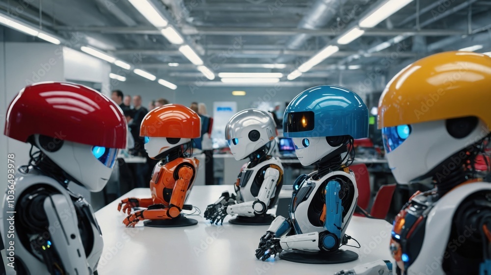 Robots at a Job Interview, Showcasing Advanced AI and Communication Skills. The Futuristic Scene Highlights the Integration of Robotics into the Workforce, Blurring the Line Between Humans and Machine Robots at a Job Interview, Showcasing Advanced AI and Communication Skills. The Futuristic Scene Highlights the Integration of Robotics into the Workforce, Blurring the Line Between Humans and Machine