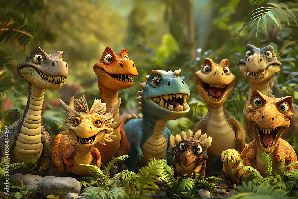 Naklejka premium A group of colorful, cartoonish dinosaurs smiling in a lush, prehistoric jungle setting.
