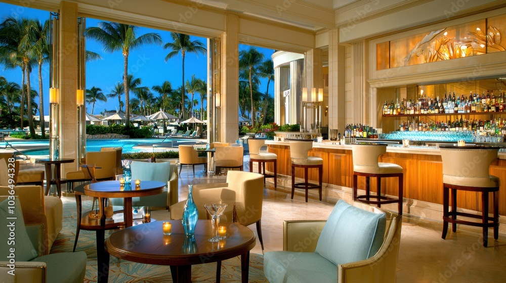 Obraz premium Luxurious Tropical Resort Bar and Lounge with Pool and Beach View