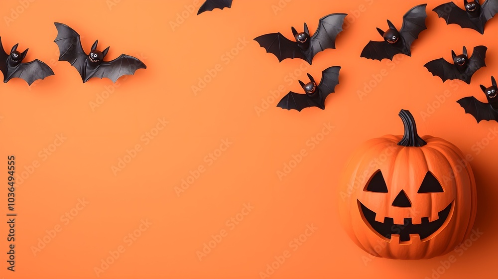 Festive Halloween scene with pumpkin and flying bats