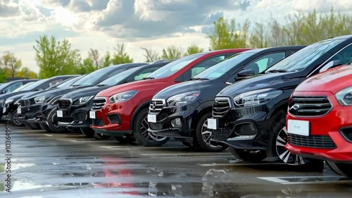 A row of cars are parked in a lot, with the red car being the most prominent. The cars are all different colors and sizes, but they all have one thing in common: they are parked in a lot