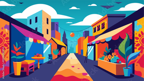 Vibrant street art lines the walls of this urban street market adding a touch of creativity to the hustle and bustle.