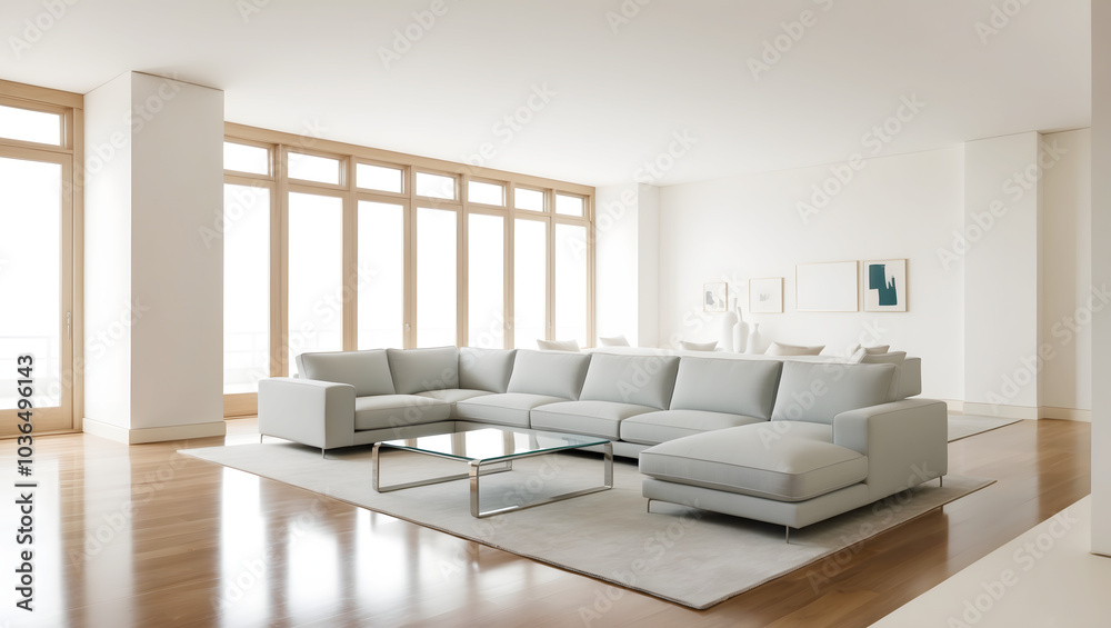 Fototapeta premium Spacious modern living room with large light gray sectional sofa, glass coffee table, and floor-to-ceiling windows