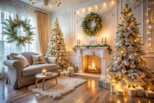 Wallpaper Mural Classic White Christmas Interior with Fireplace and New Year Tree - Perfect for Holiday Greetings Torontodigital.ca
