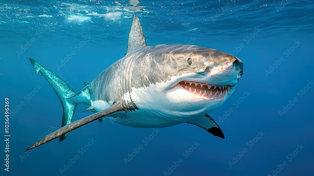 Fototapeta premium A Great White Shark swims through clear blue water, its mouth open, revealing rows of sharp teeth.