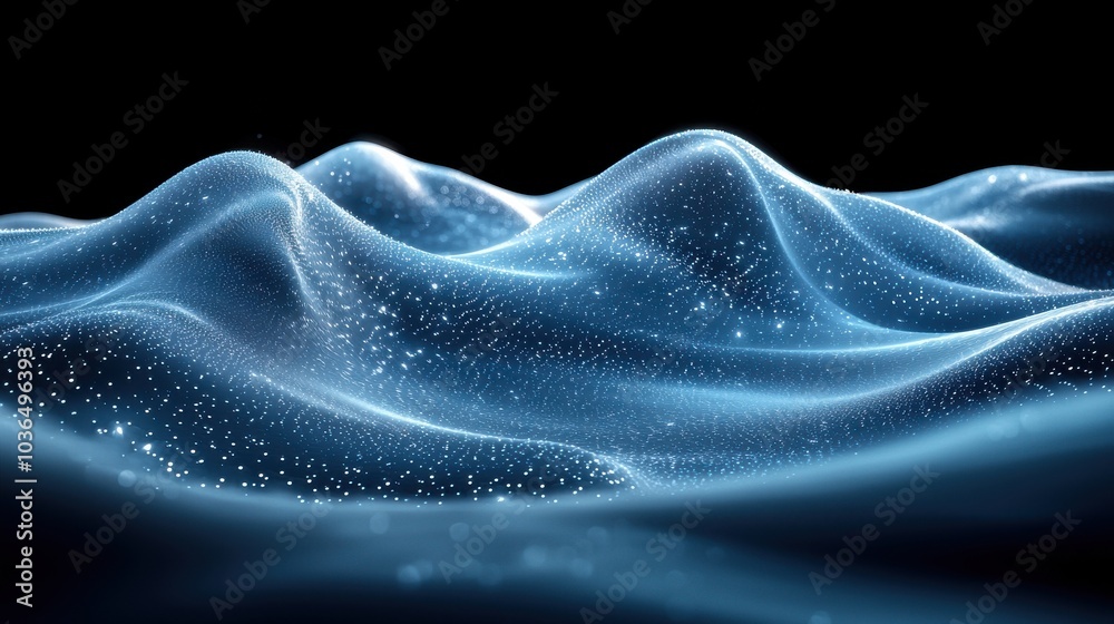 Obraz premium Dynamic blue waves with sparkling elements flow gracefully against a black background, creating a mesmerizing visual effect