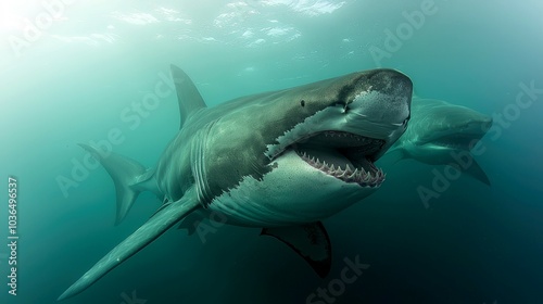 A great white shark with its mouth open swims towards the camera, while another great white shark is in the background.