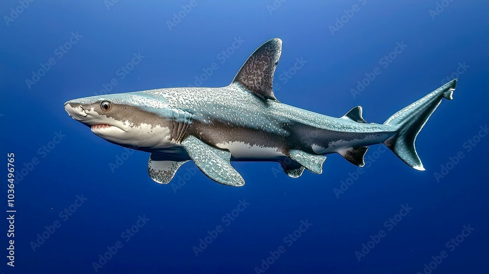 Naklejka premium A grey reef shark swims through the blue ocean.