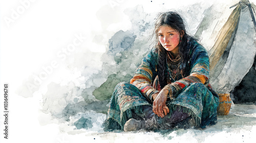 Green watercolor painting of Siberian Nenets girl in nomadic camp